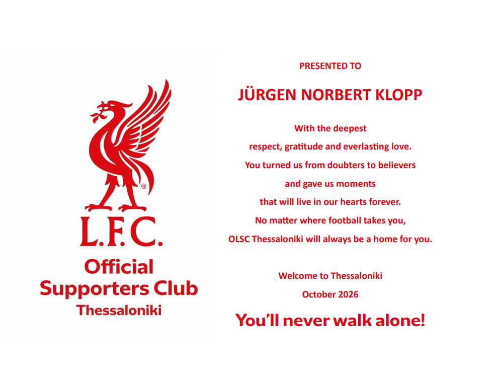 O JURGEN KLOPP ΣΤΗΝ ΚΑΡΔΙΑ ΤΗΣ ΘΕΣΣΑΛΟΝΙΚΗΣ - ΤΙΜΗΤΙΚΗ ΠΛΑΚΕΤΑ ΑΠO ΤΟ OLSC THESSALONIKI! 5 20261004 JurgeKlopp Honnor